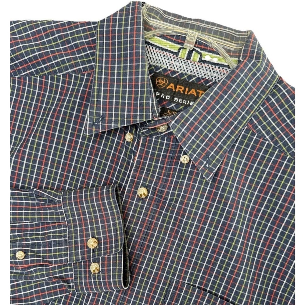 Ariat‎ Pro Series Mens Navy Orange Plaid Long Sleeve Button Down Shirt Mens XL